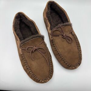 LL Bean Wicked Good Slippers Brown Suede Leather Size 13 Wide Shearling Cozy